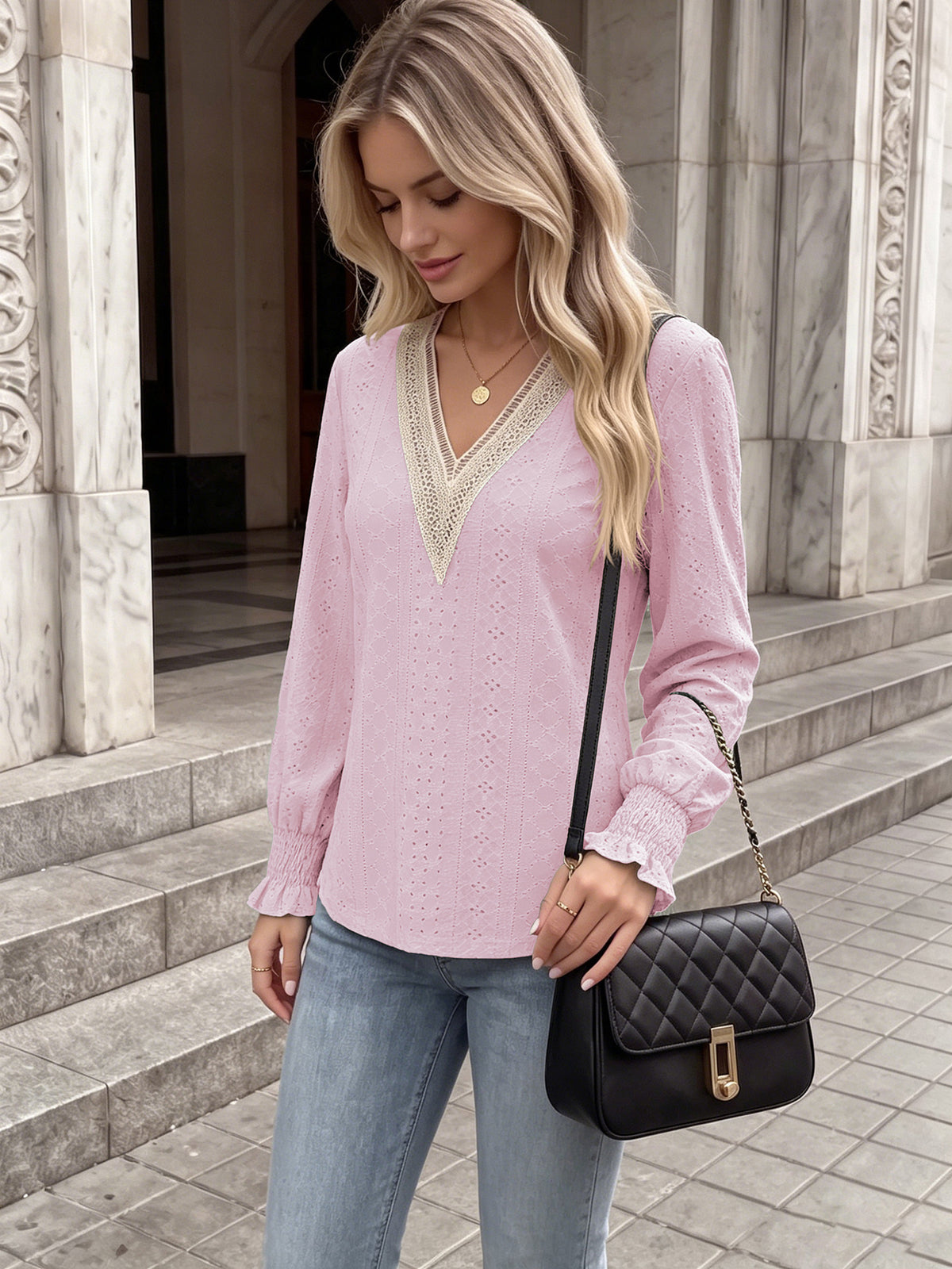 Women's V Neck Lace Trim Eyelet Long Sleeve Blouse