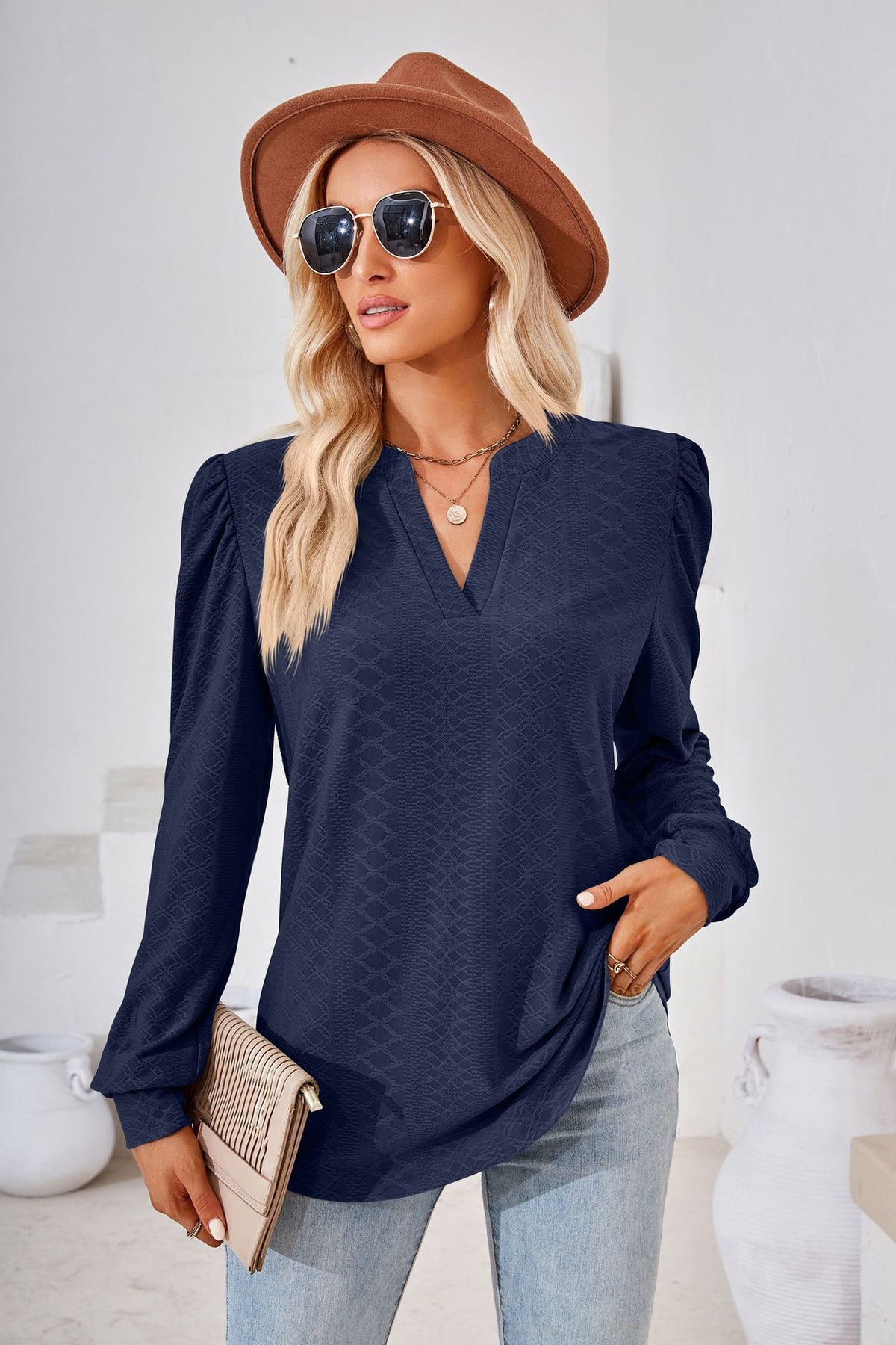 Women's V Neck Puff Sleeve Textured Long Sleeve Tunic Top