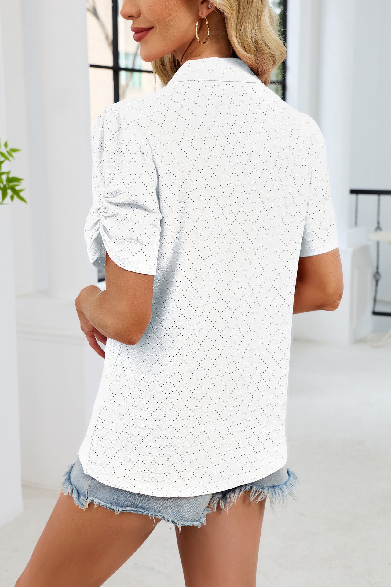 Womens V Neck Polo Knit Top Puff Sleeve Summer Casual Tee