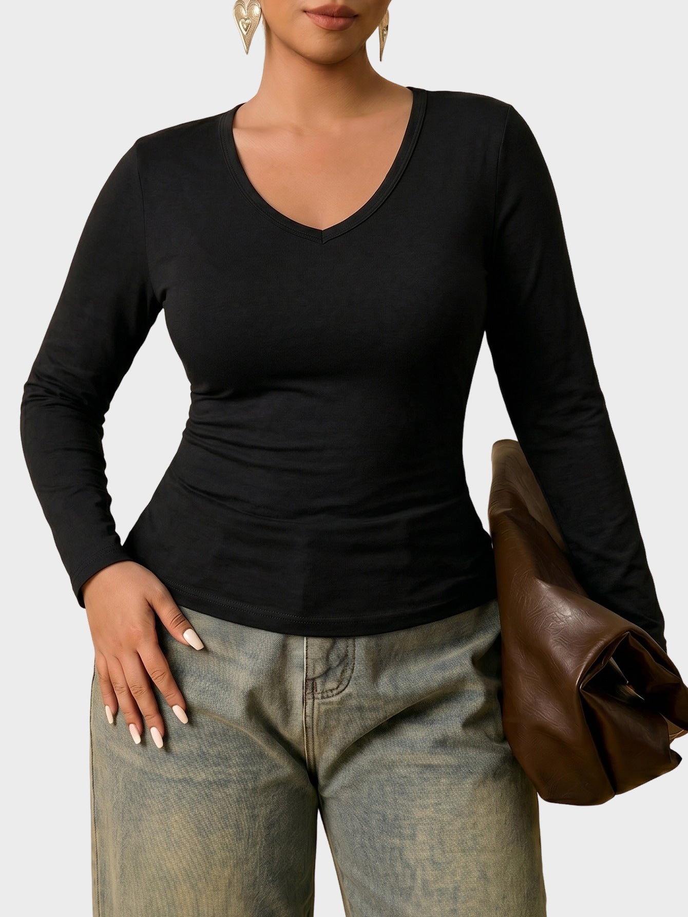 Solid Ribbed Long Sleeve Top V Neck Slim Fit Casual