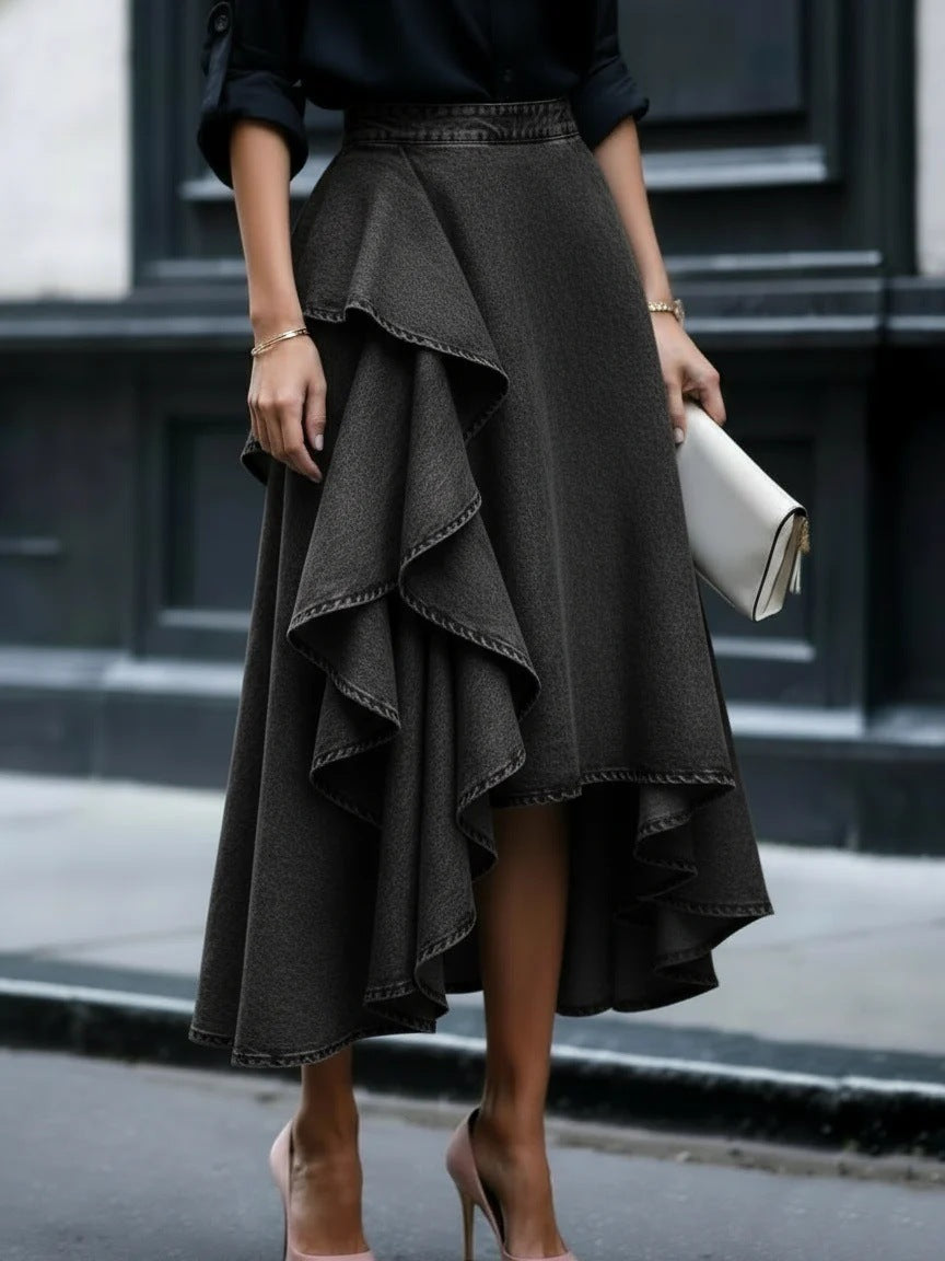 Asymmetrical Ruffle High Waist Denim Midi Skirt
