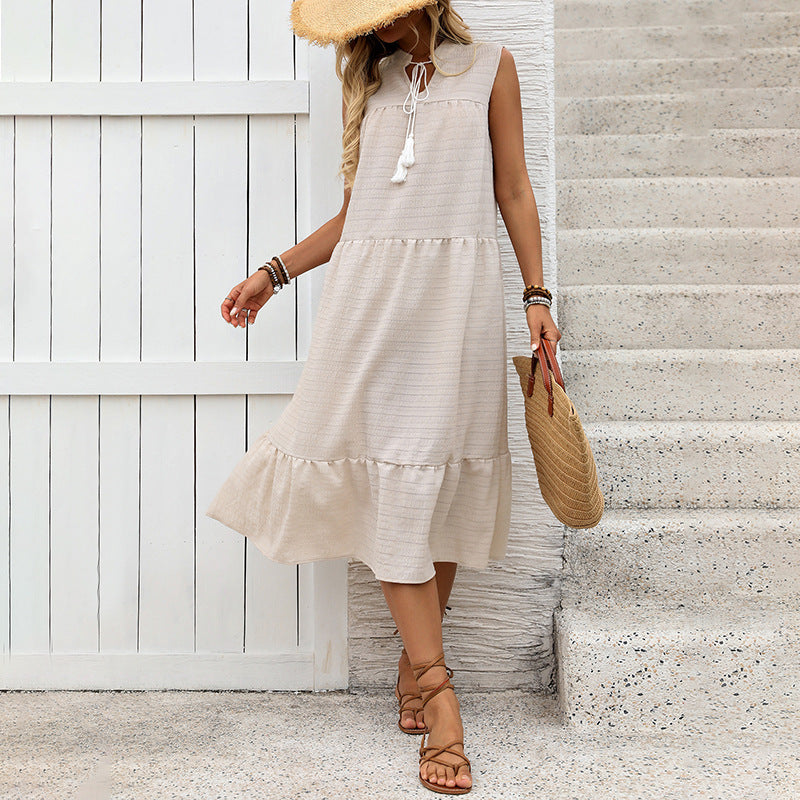 Summer Casual V Neck Loose Sleeveless Solid Midi Dress