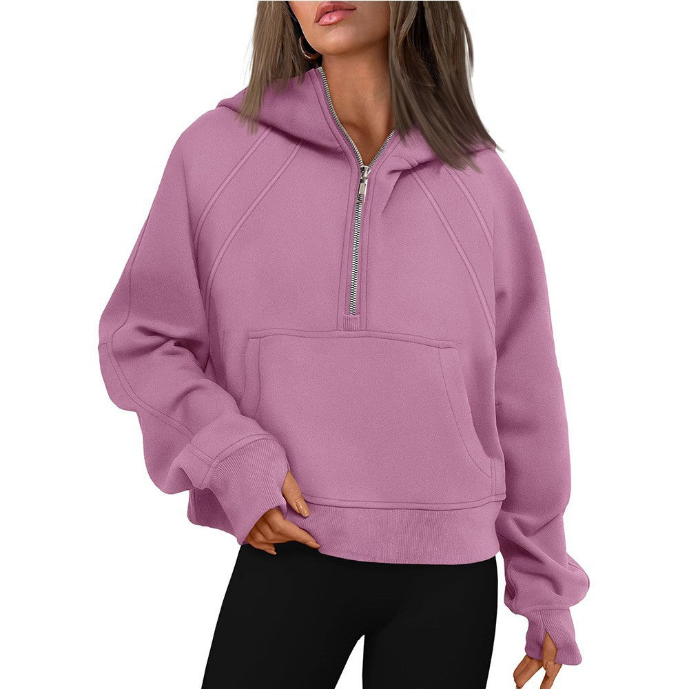 Half Zip Fleece Hoodie Pullover Casual Cropped Sweatshirt