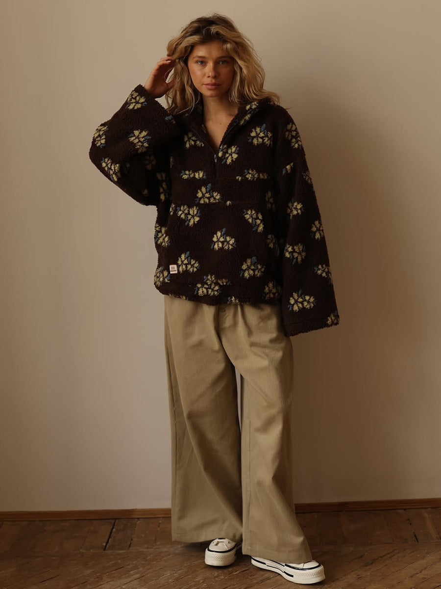 Floral Sherpa Pullover Half Zip Sweatshirt
