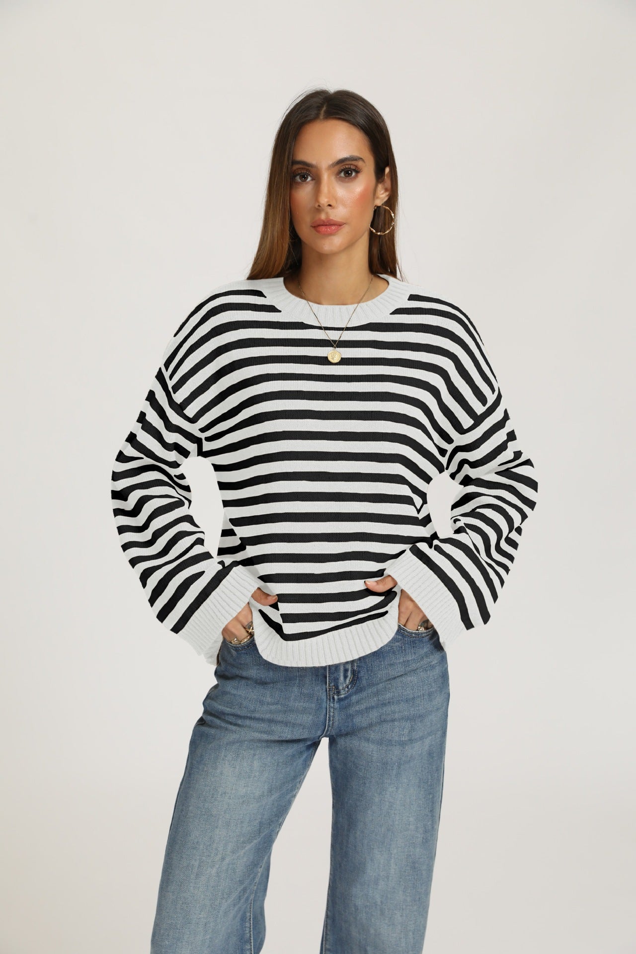 Striped Oversized Crew Neck Knit Sweater Casual Pullover