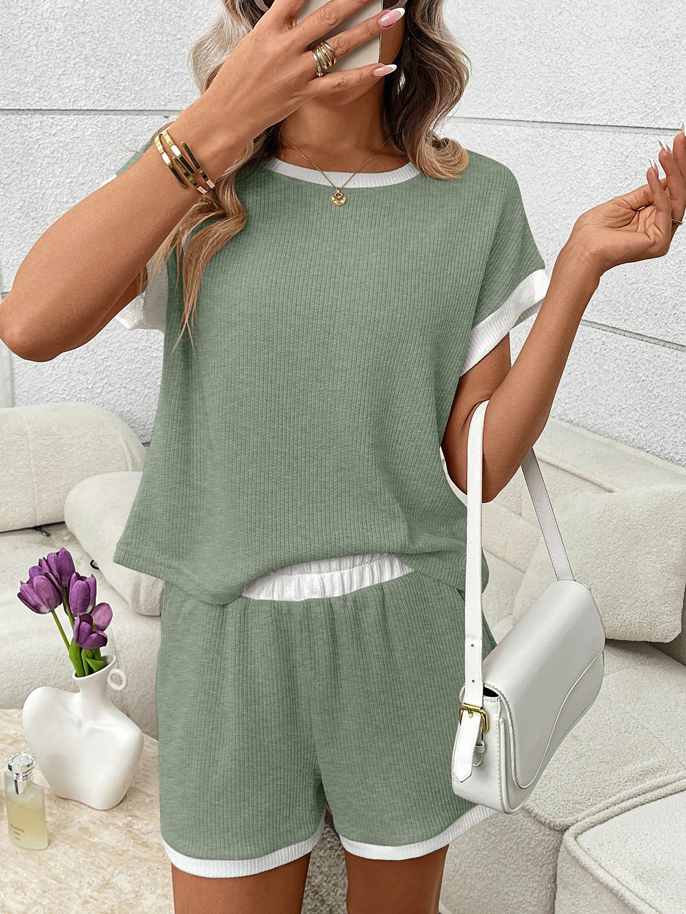 Womens Lounge Set Short Sleeve Top and Shorts Casual Set
