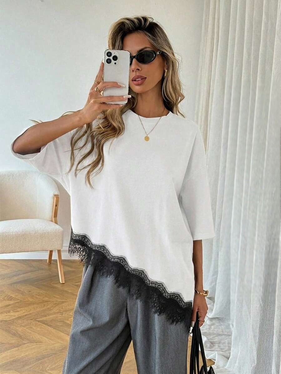 Leopard Print Top Lace Trim Loose Fit Short Sleeve T-Shirt