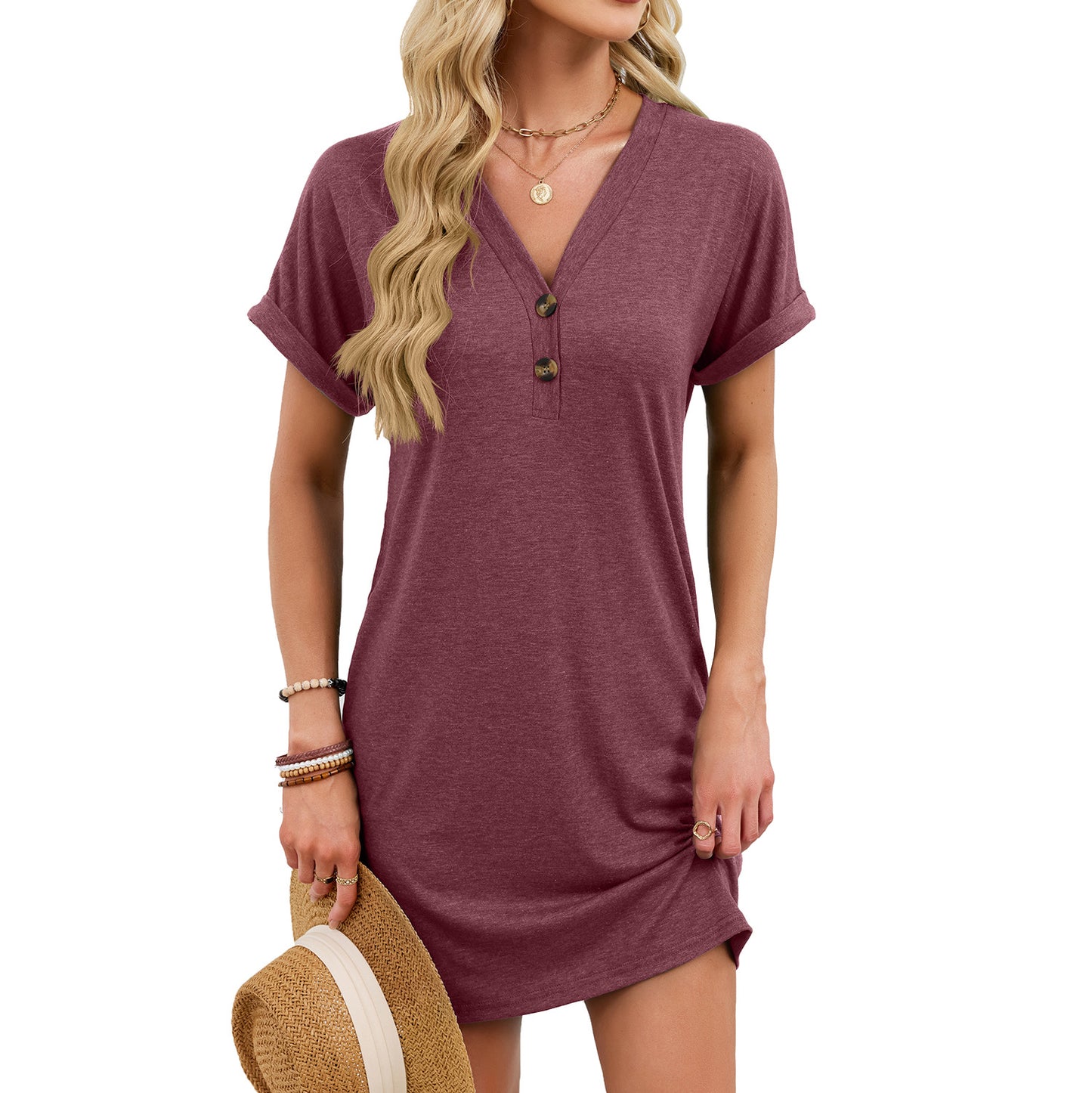 Casual V-Neck Short Sleeve Button Mini T-Shirt Dress