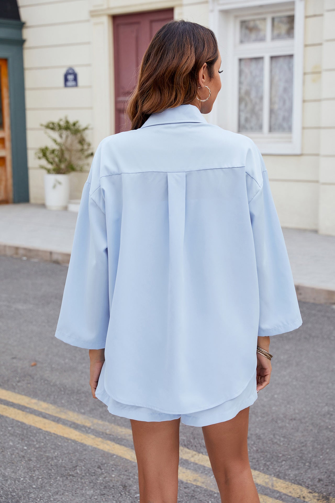 Collared Button-Up Blazer and Shorts Two-Piece Set