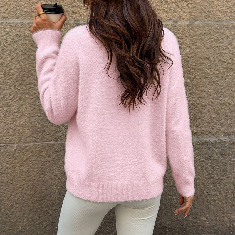 Solid Fuzzy Sweater Feminine Crewneck Relaxed Fit