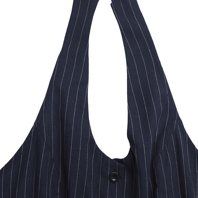 Pinstripe Woven Jumpsuit Workwear Halter Wide Leg