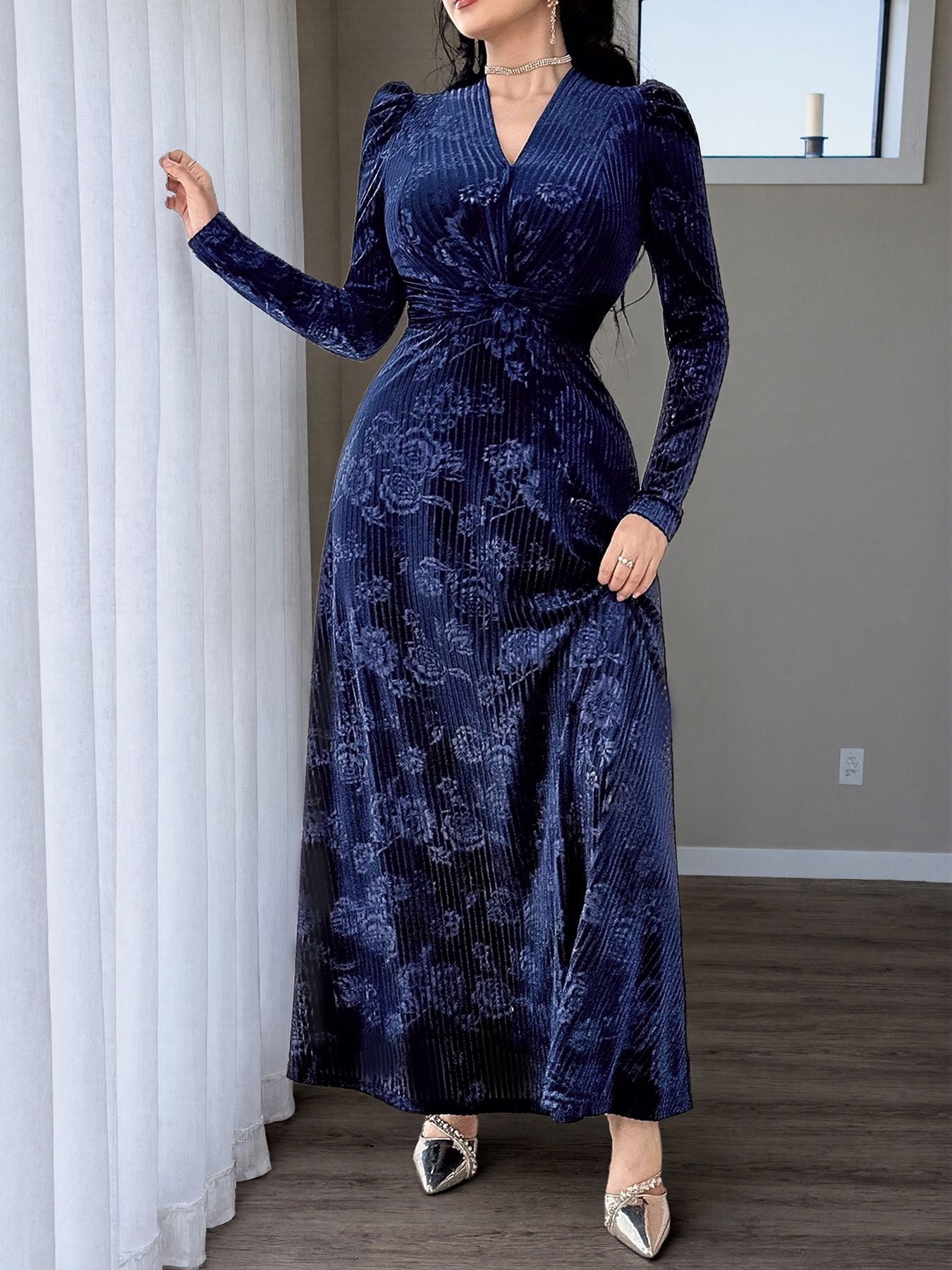 Plus Size Floral Velvet V Neck Maxi Dress