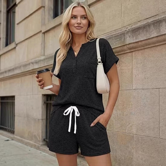 Two Piece Shorts Set with Henley Top & Drawstring Shorts