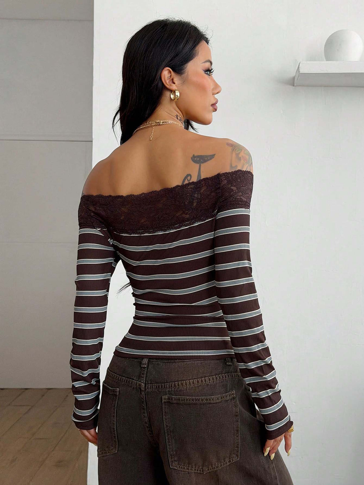 Y2K Lace Trim Off Shoulder Striped Long Sleeve Top