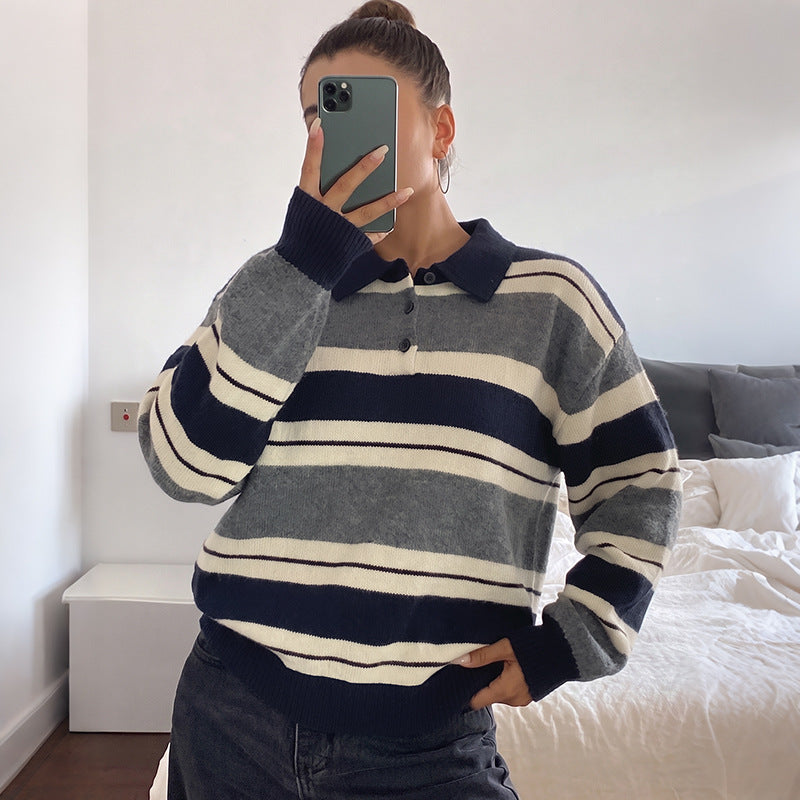 Striped Collared Button Pullover Knit Sweater