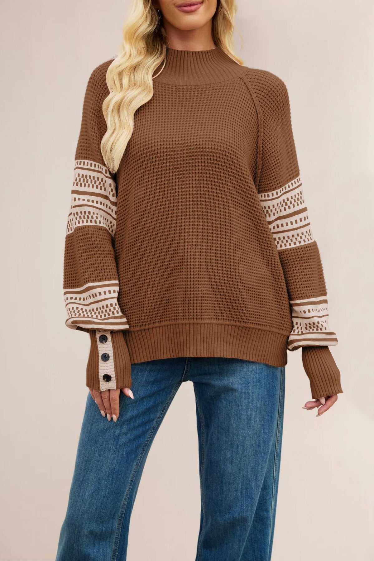 Womens Oversized Mock Neck Color Block Geometric Sweater