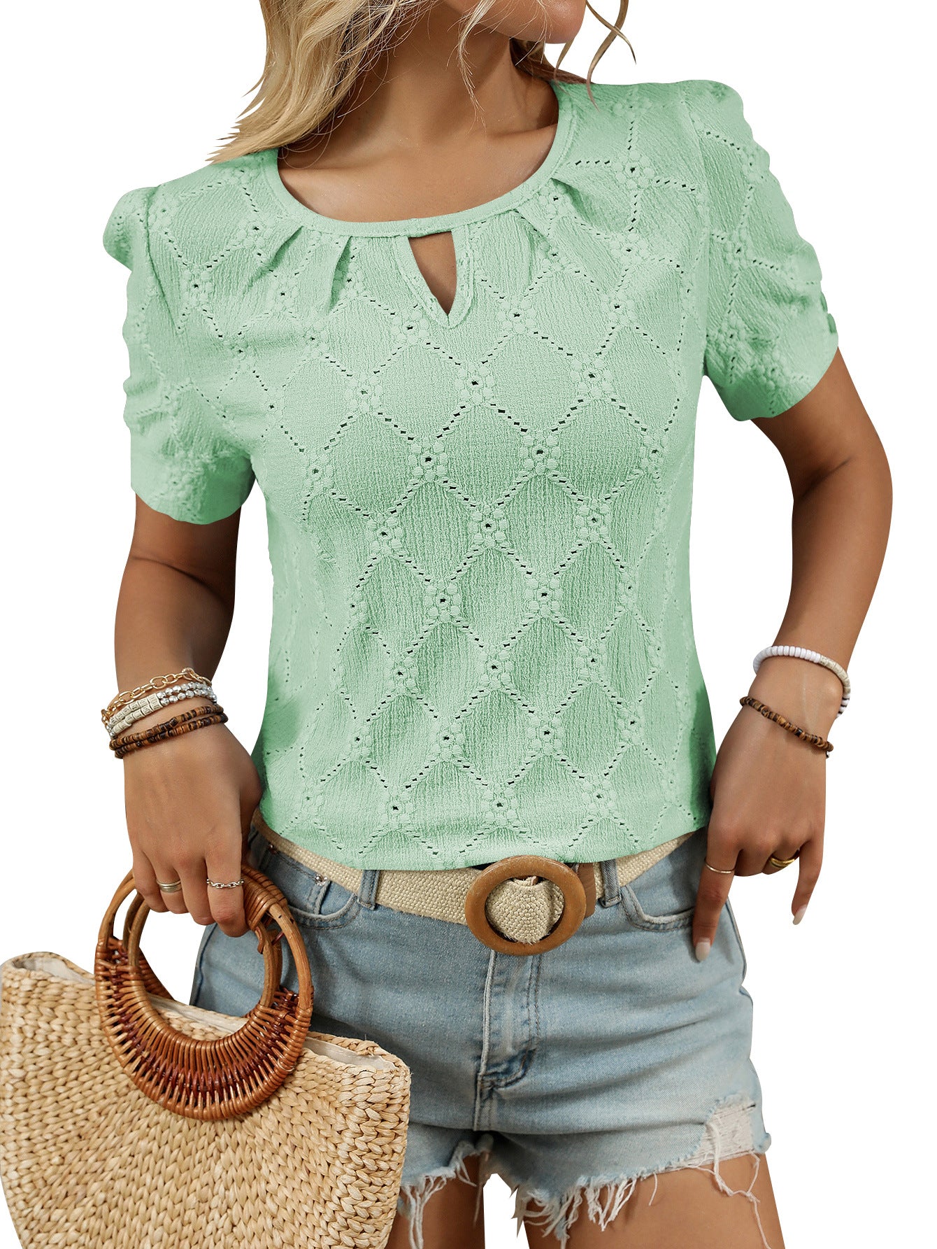 Women’s Eyelet Knit T Shirt Short Sleeve Summer Top