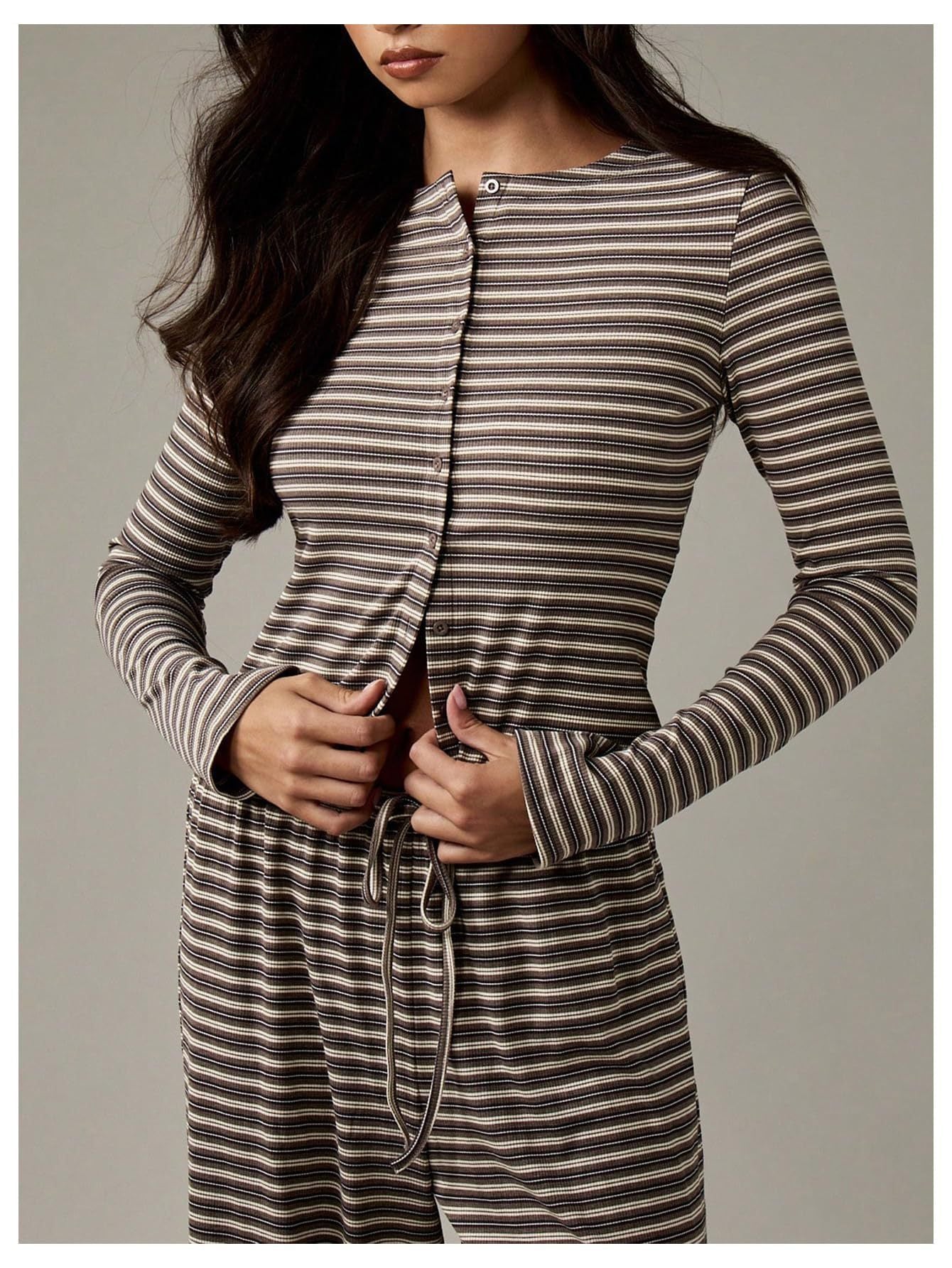 Striped Lounge Set Long Sleeve Top & Pants Soft Casual Outfit