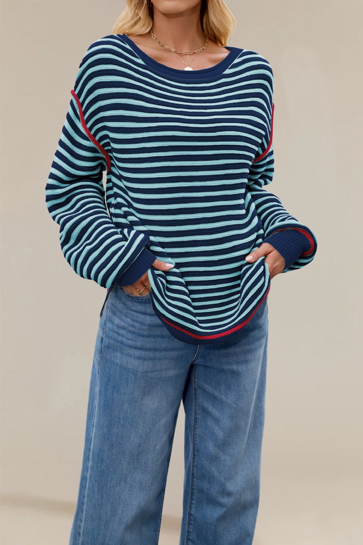 Oversized Striped Crew Neck Long Sleeve Knit Sweater