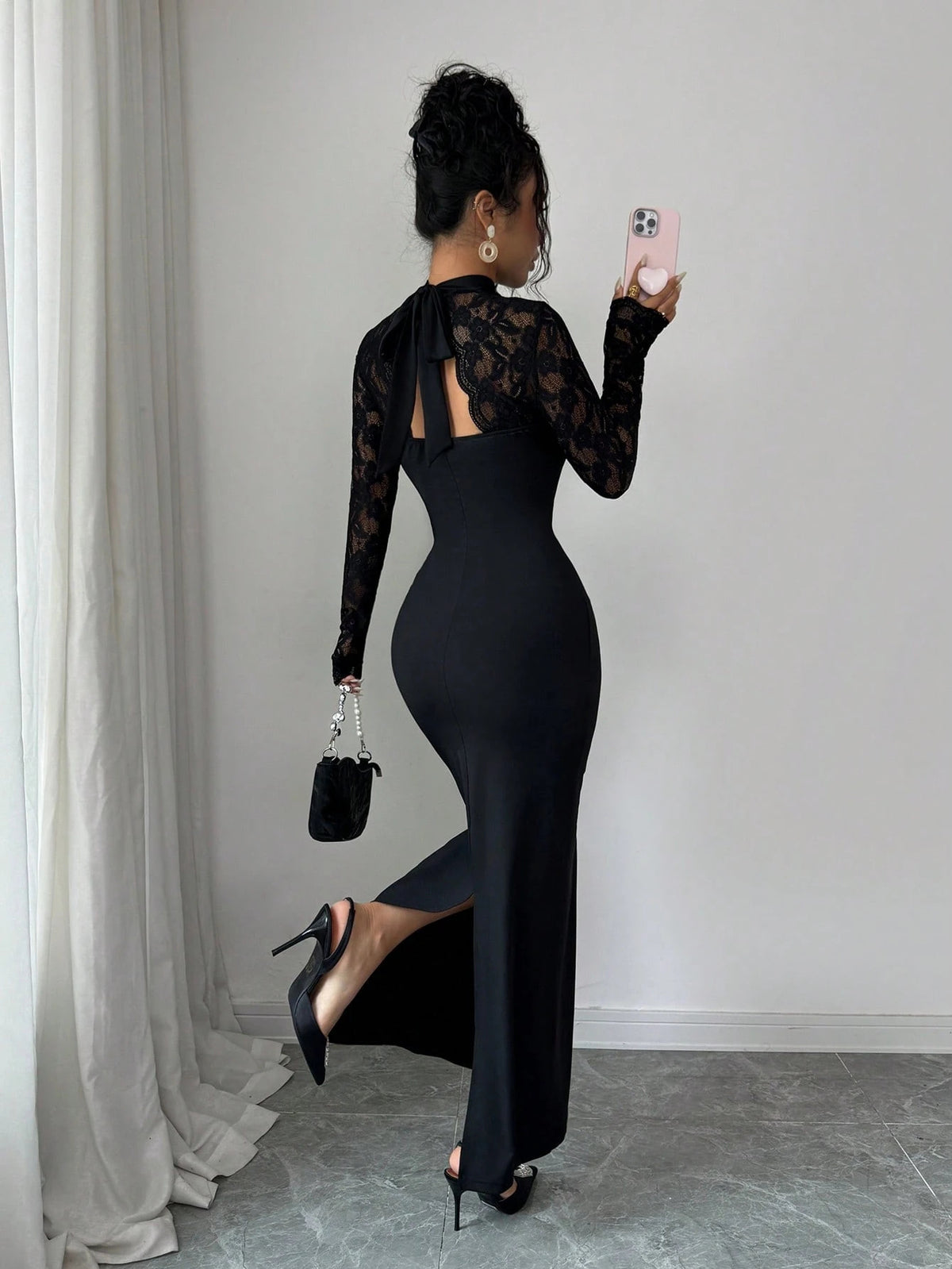 Women's Lace Sleeve Cutout Bodycon Maxi Dress