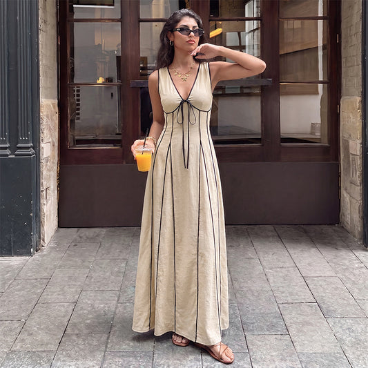Contrast Maxi Dress Vintage V Neck Bow