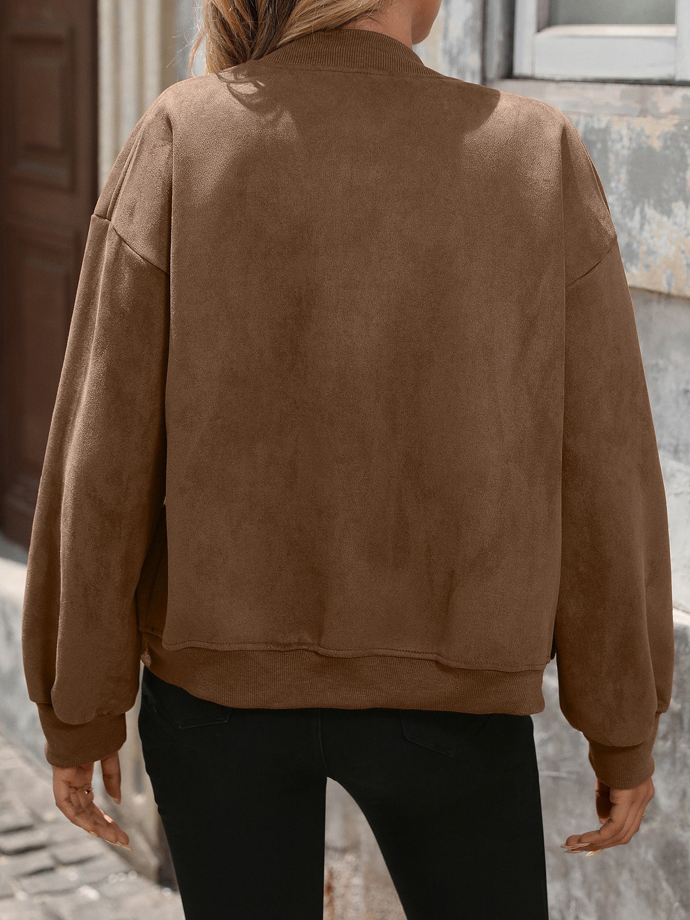 Baseball Collar Suede Casual Jacket with Zip Pockets