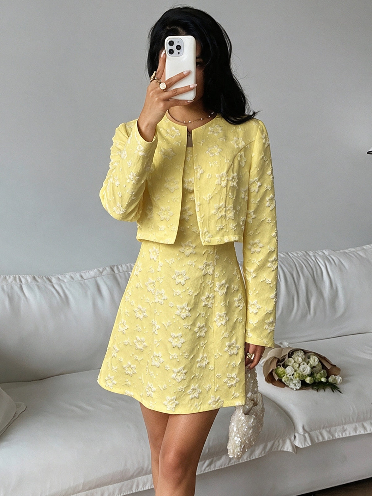 Women's Floral Jacquard 2 Piece Dress Set Office Chic