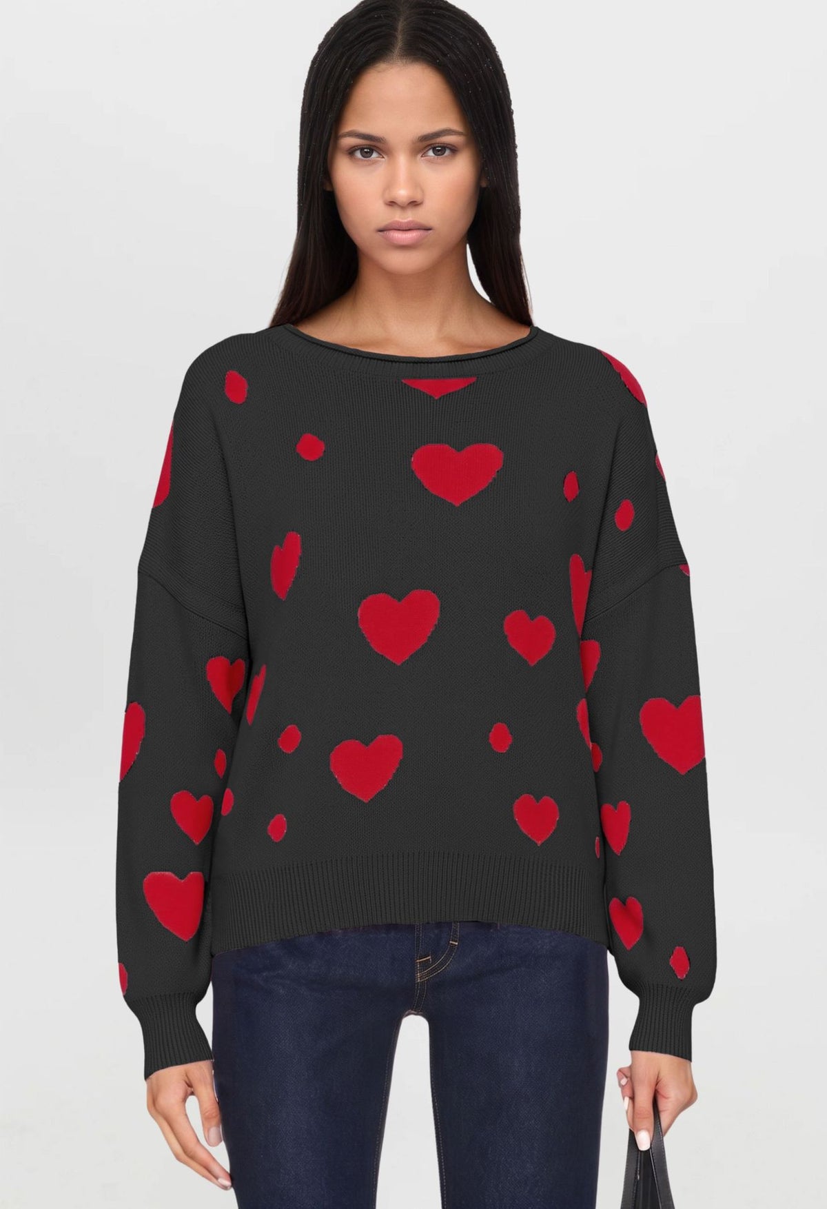 Women's Heart Print Crew Neck Long Sleeve Sweater