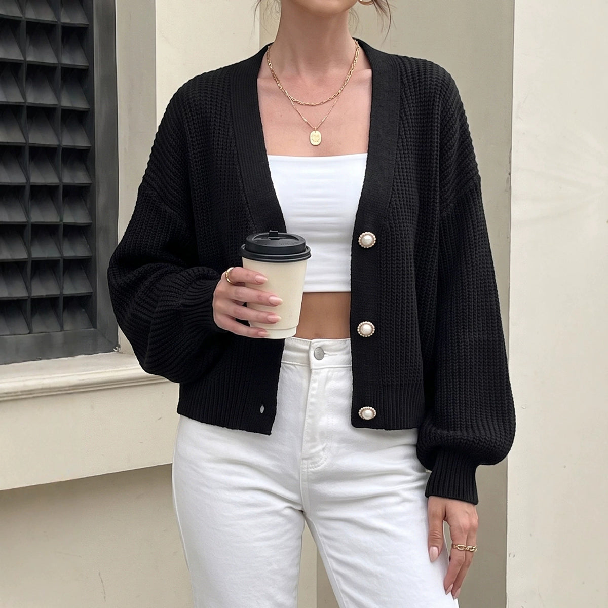 Women's Pearl Button Cropped V Neck Cardigan