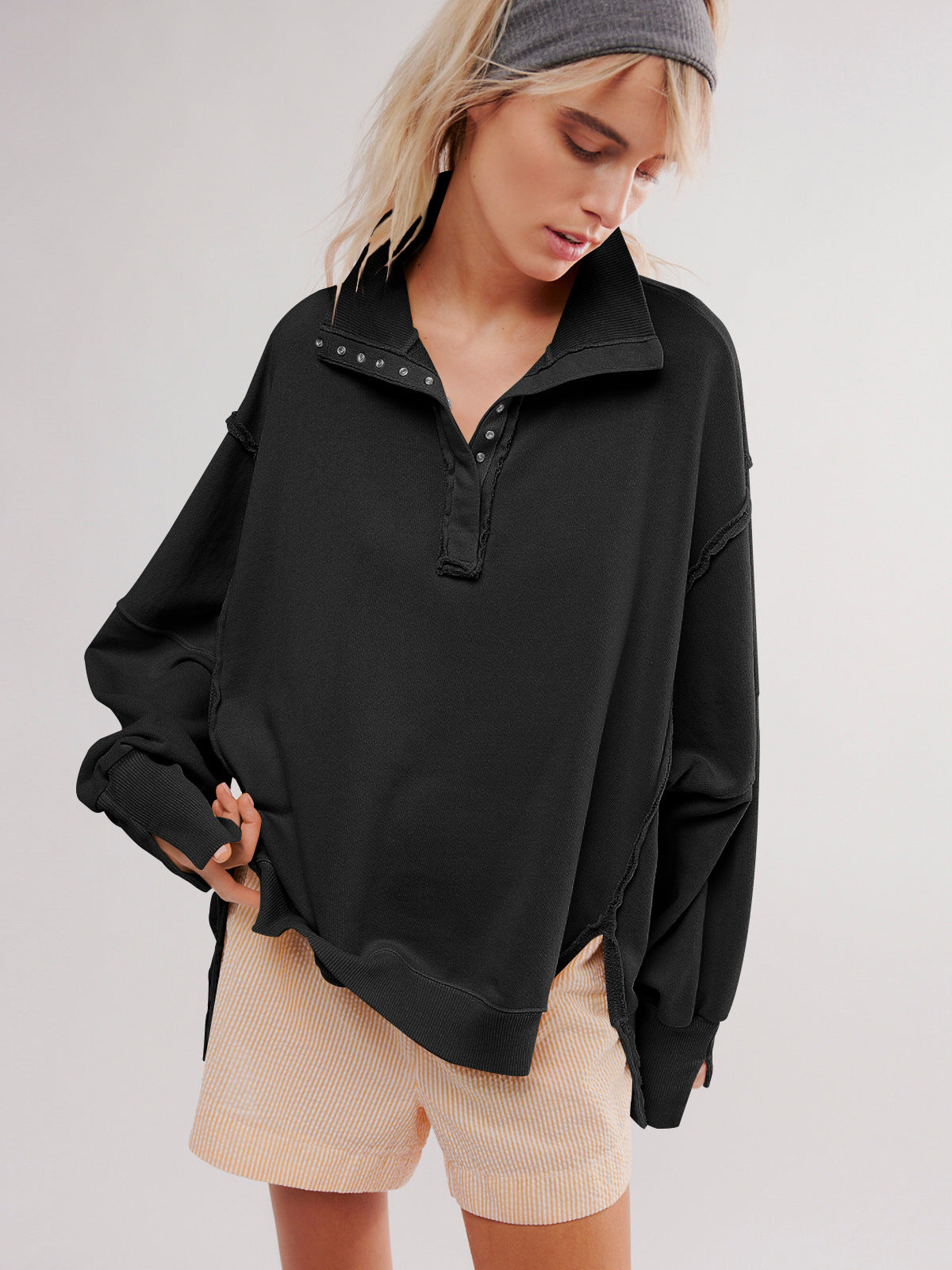 Oversized Collared Balloon Sleeve Split Hem Sweatshirt