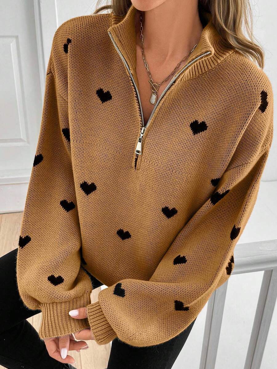 Half Zip Sweater with Heart Print, Oversized Knit Pullover