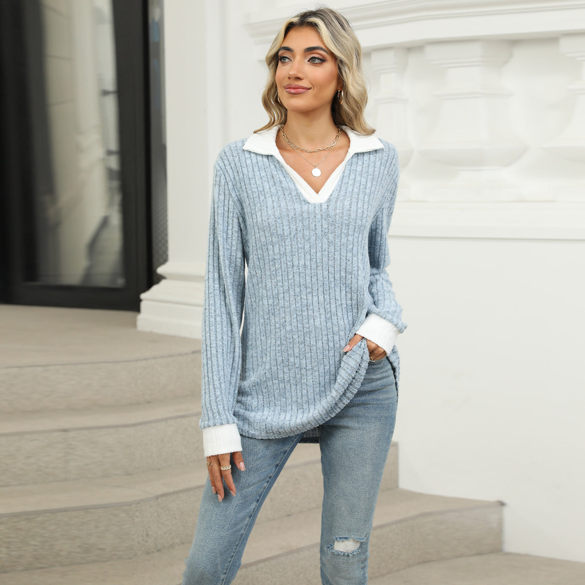 Women's Color Block Collar Long Sleeve Oversized Knit Top