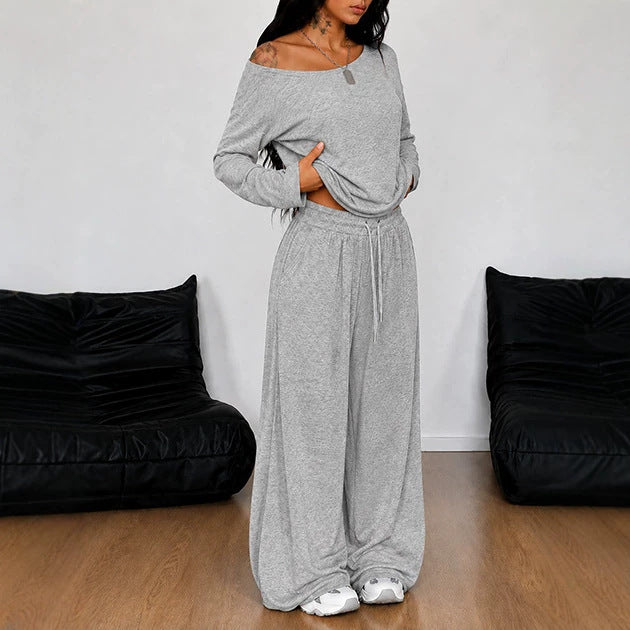 Women's Off Shoulder Wide Leg Two Piece Lounge Set