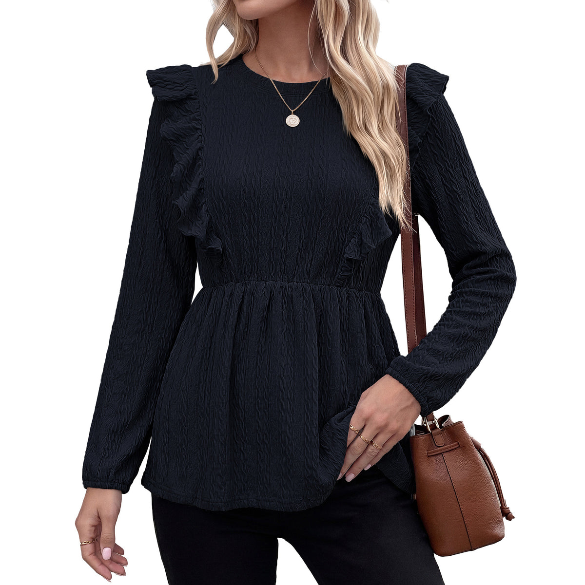 Women's Ruffle Peplum Long Sleeve Blouse Top