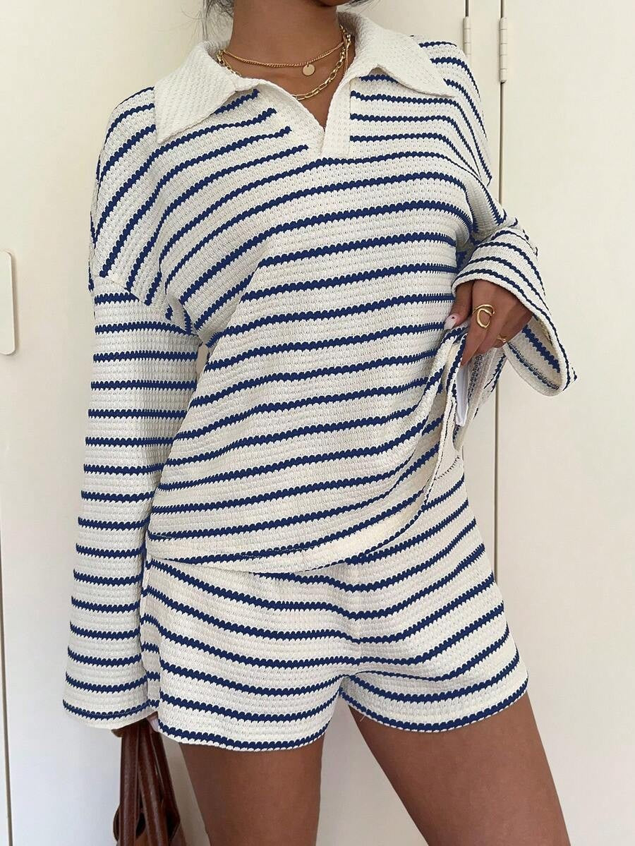 Striped Polo Lounge Set Resort Textured Collared Oversized