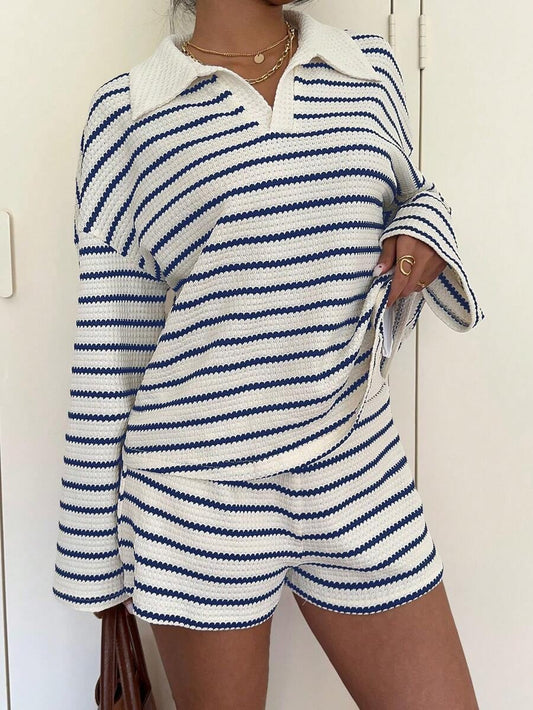 Striped Polo Lounge Set Resort Textured Collared Oversized