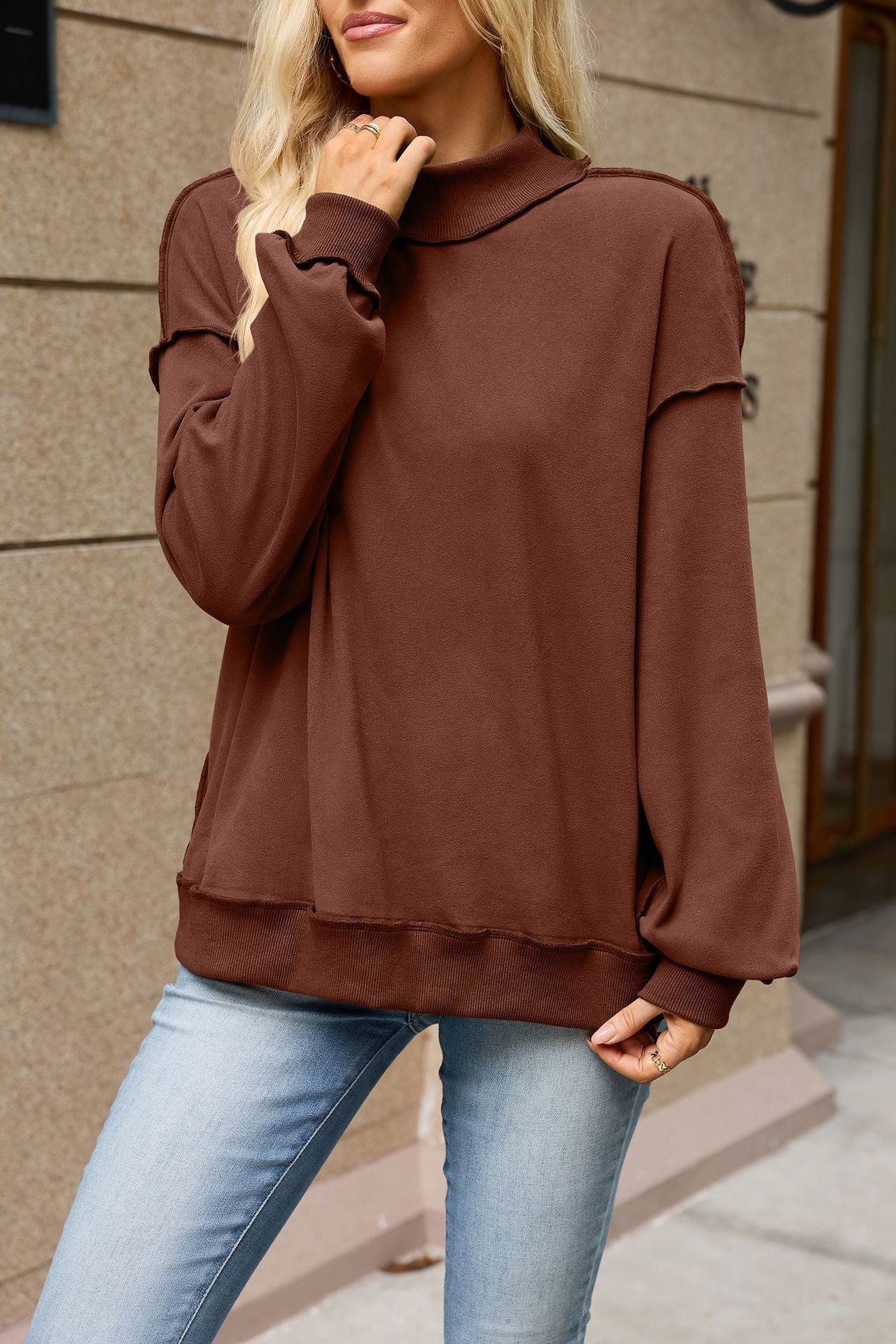 Mock Neck Exposed Seam Oversized Sweatshirt