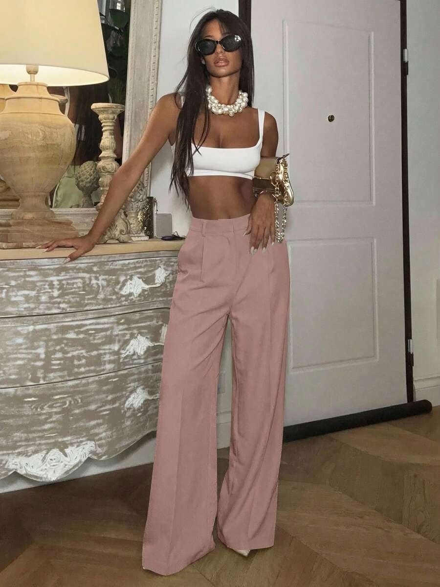 Solid High Waisted Wide Leg Dress Pants Business Work Trousers