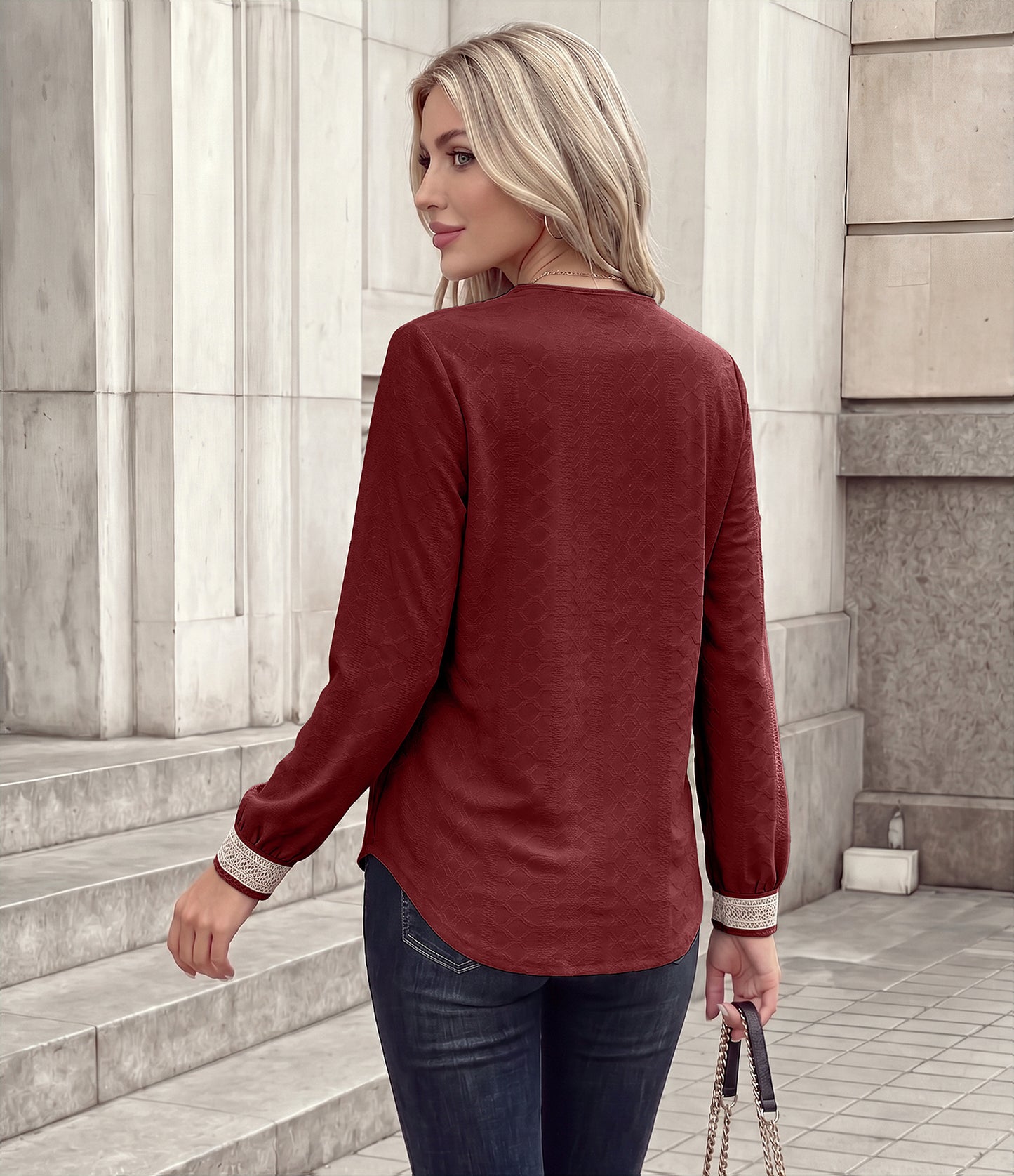Women's Lace Trim V Neck Long Sleeve Loose Casual Top