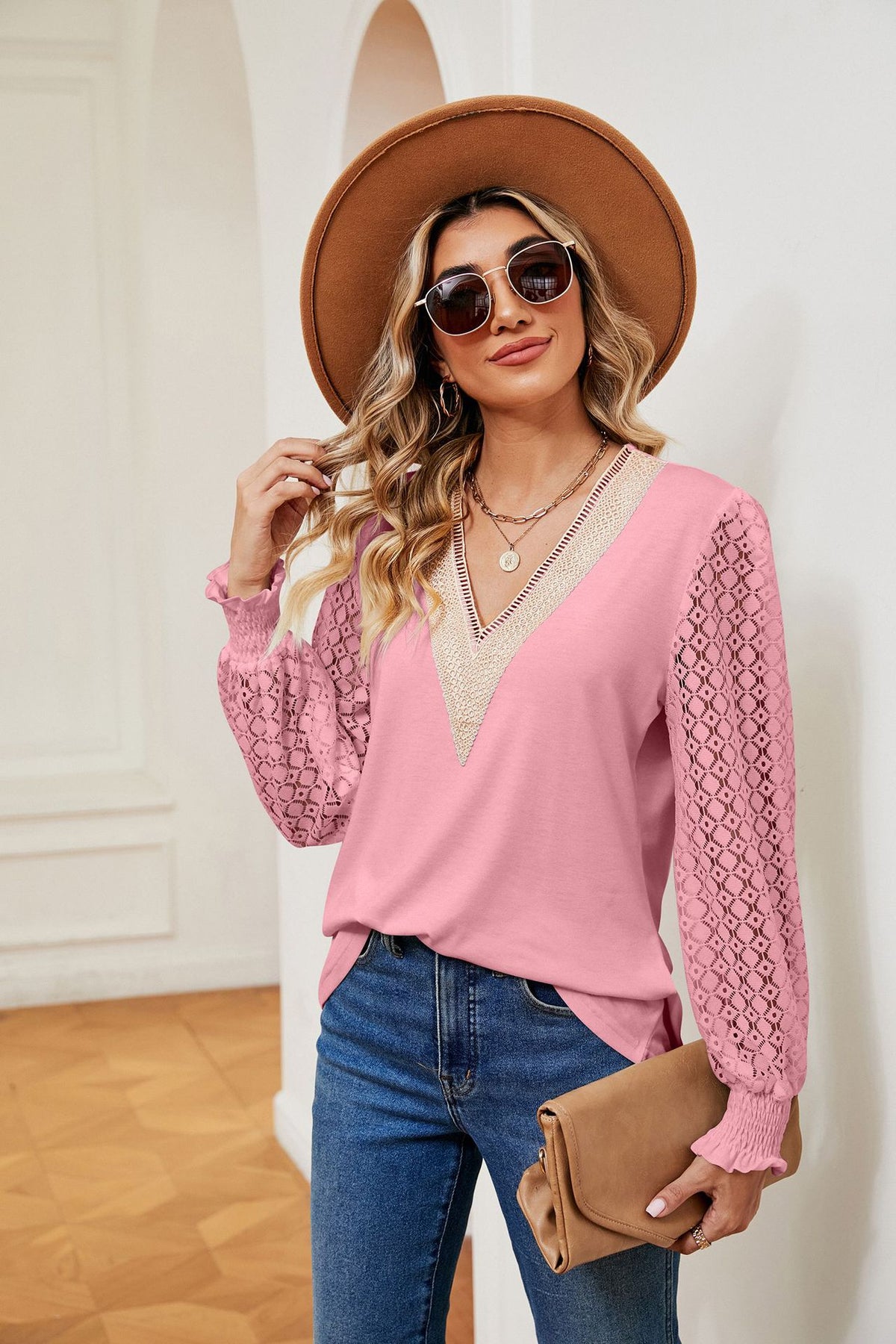 Women's V-Neck Lace Crochet Long Sleeve Tunic Top