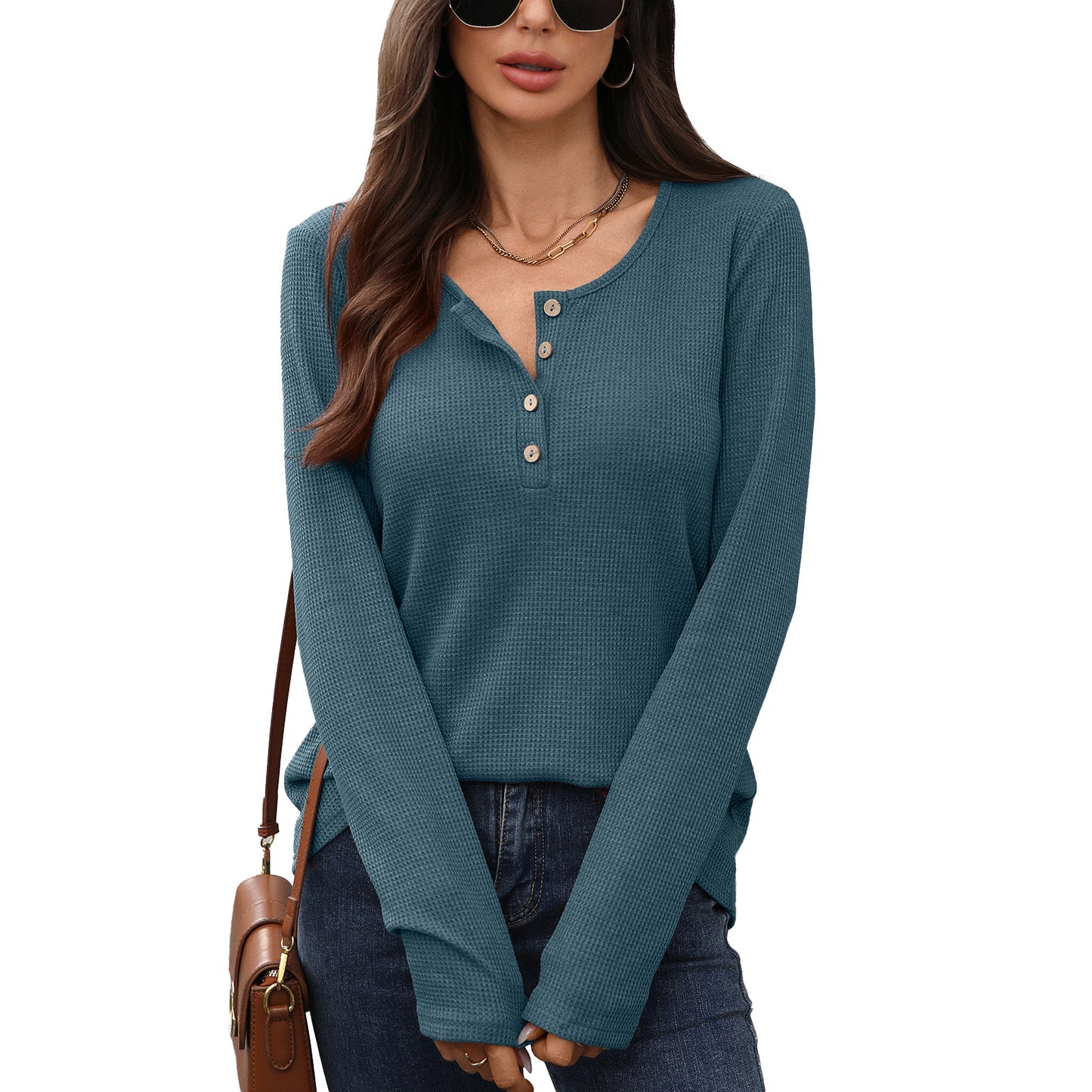 Pure Color Button Neck Hoodie Pullover | Casual Long Sleeve Top