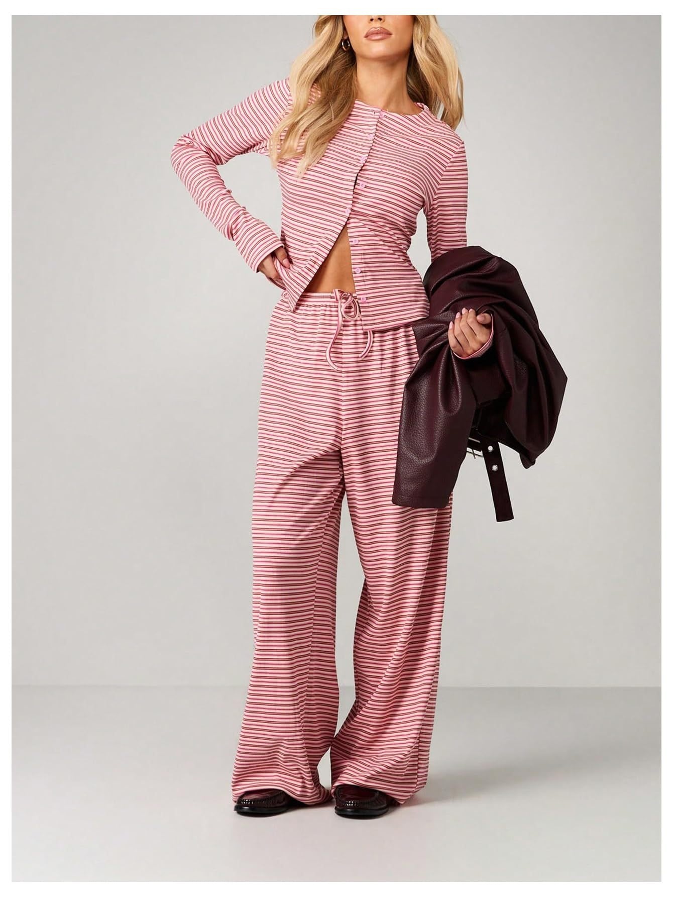 Striped Lounge Set Long Sleeve Top & Pants Soft Casual Outfit