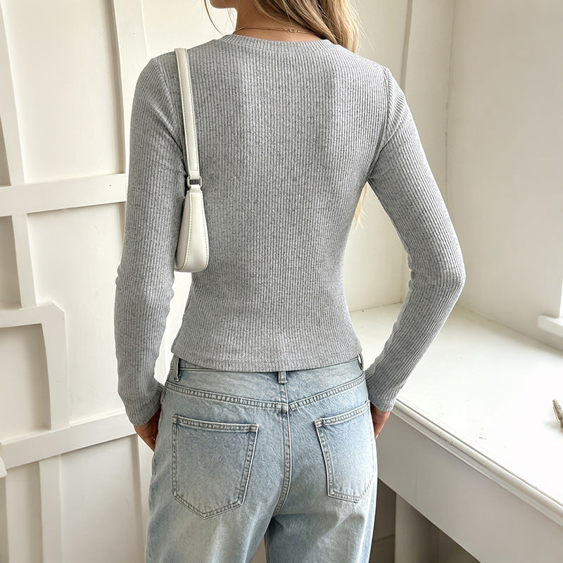 Solid Ribbed Knit Top Lace Trim V Neck Long Sleeve