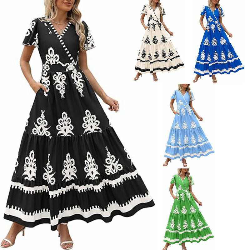 V Neck Floral Print Maxi Dress with Short Sleeves and Pockets