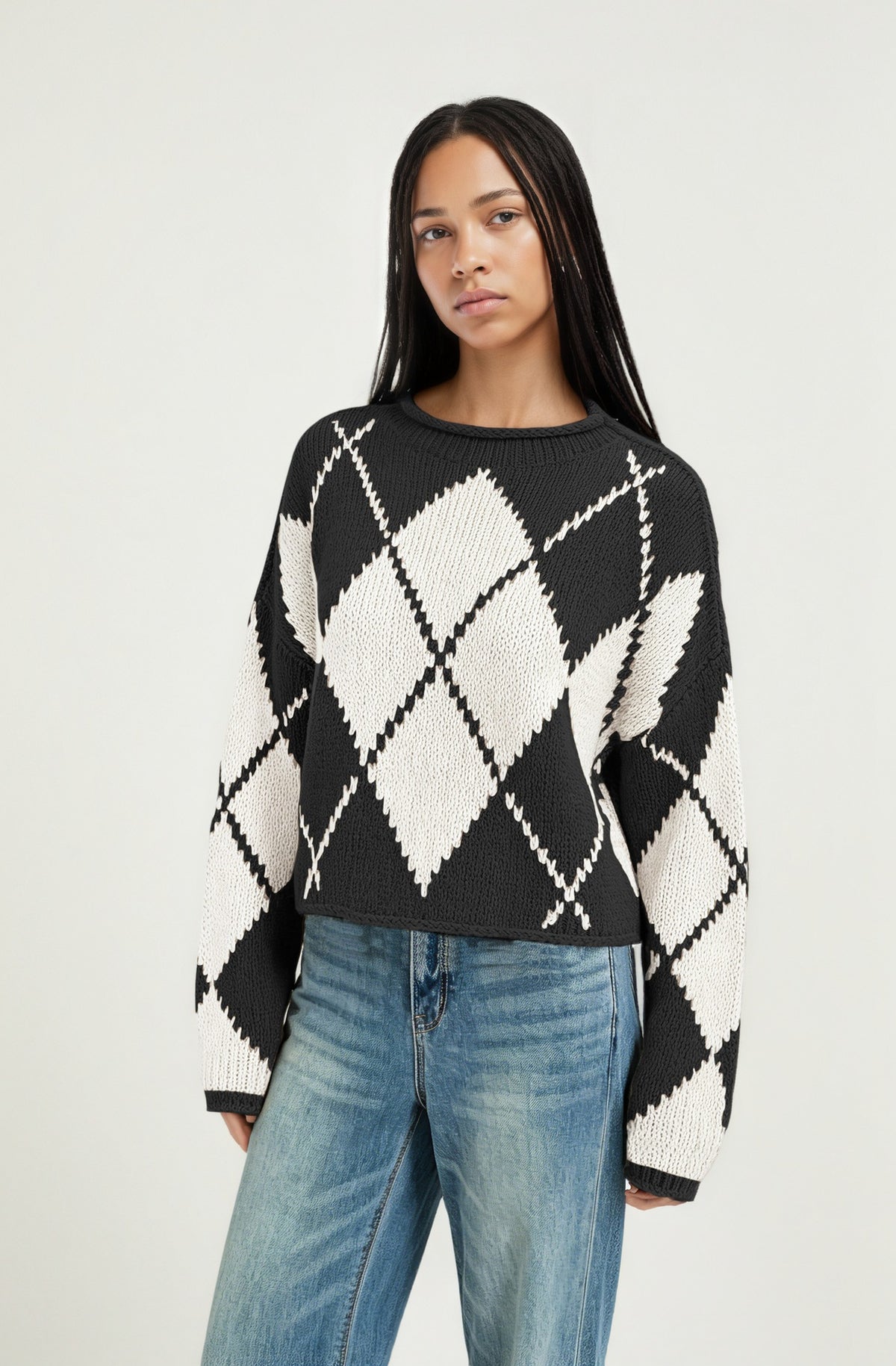 Women's Oversized Argyle Crewneck Chunky Sweater