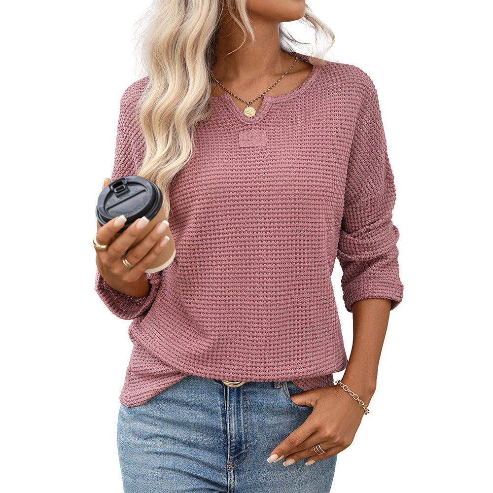 Women’s Striped Waffle Knit Long Sleeve Casual T-Shirt Top