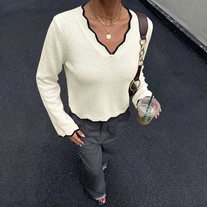 Contrast Trim V Neck Cropped Knit Sweater Long Sleeve Top