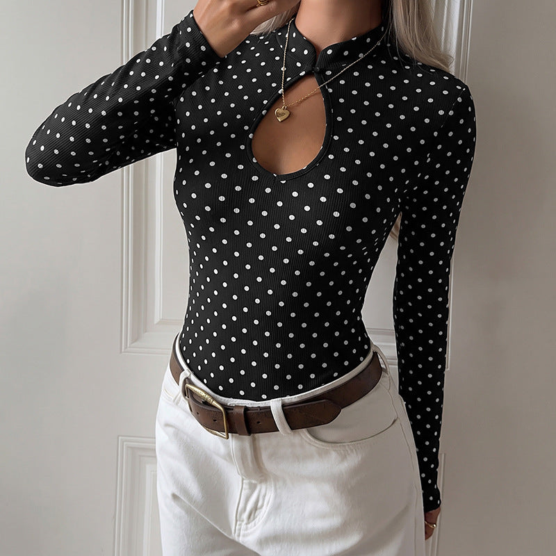 Retro Polka Dot Bodysuit Mock Neck Keyhole Long Sleeve