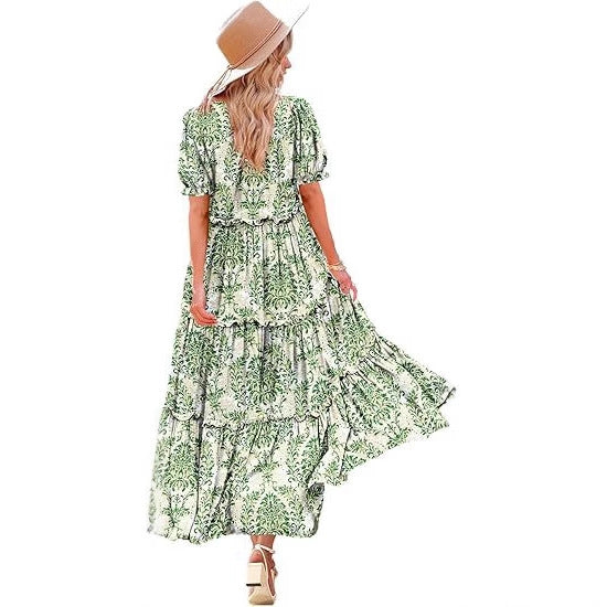 Floral Print Puff Sleeve Tiered Maxi Dress for Summer