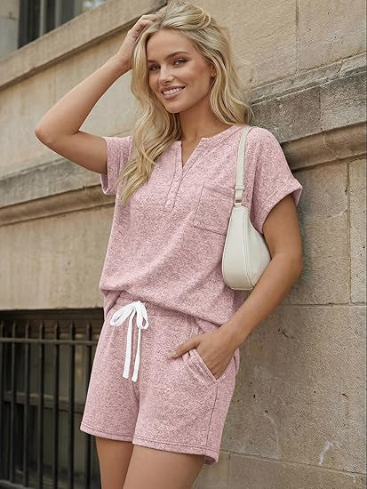 Two Piece Shorts Set with Henley Top & Drawstring Shorts